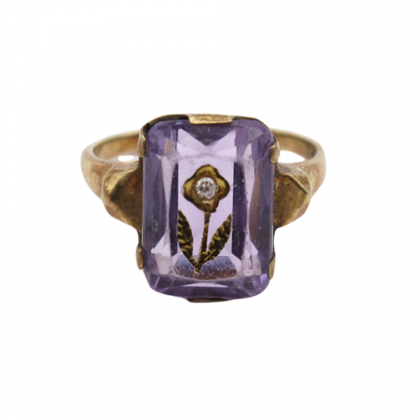 Victorian Amethyst and Diamond Flower Inlay Ring Front