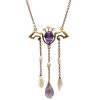 Victorian Amethyst and Fresh Water Pearl Lavaliere Necklace 10K