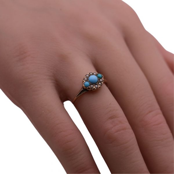 Victorian Era Persian Turquoise and Seed Pearl Ring 10K Worn