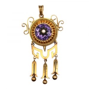 Victorian Etruscan Revival Amethyst and Seed Pearl Pendant 14K