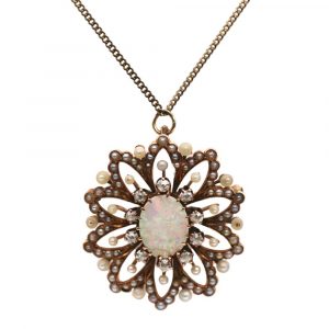 Victorian Opal, Diamond & Seed Pearl Brooch Pendant 14K