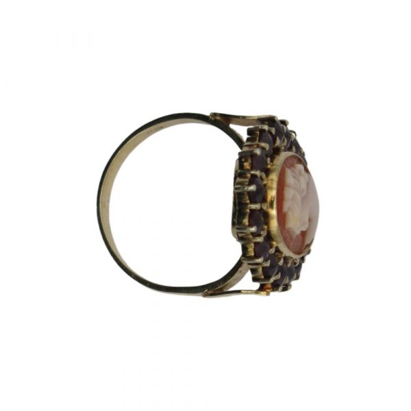 Victorian Revival Bohemian Garnet and Cameo Ring 14K Gold Top