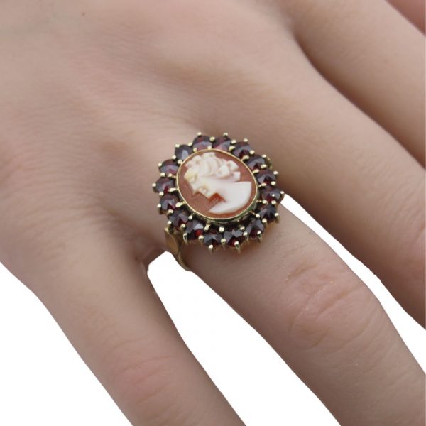 Victorian Revival Bohemian Garnet and Cameo Ring 14K Gold Worn