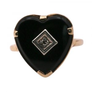 Victorian Revival Onyx and Diamond Heart Ring 10K Two-Tone