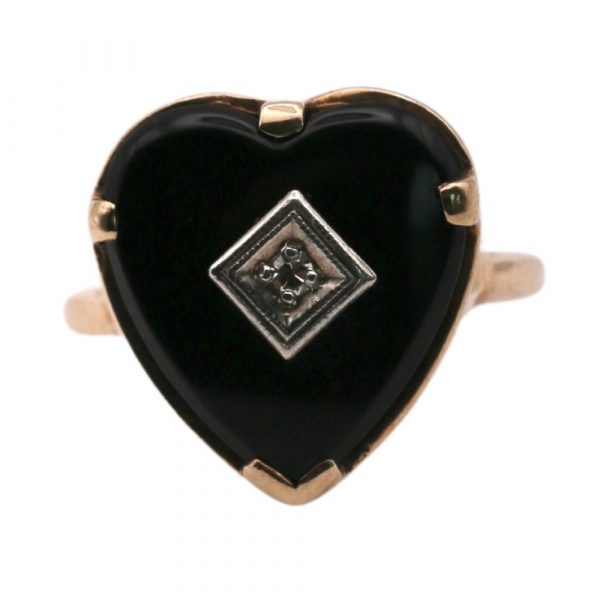 Victorian Revival Onyx and Diamond Heart Ring 10K Two-Tone