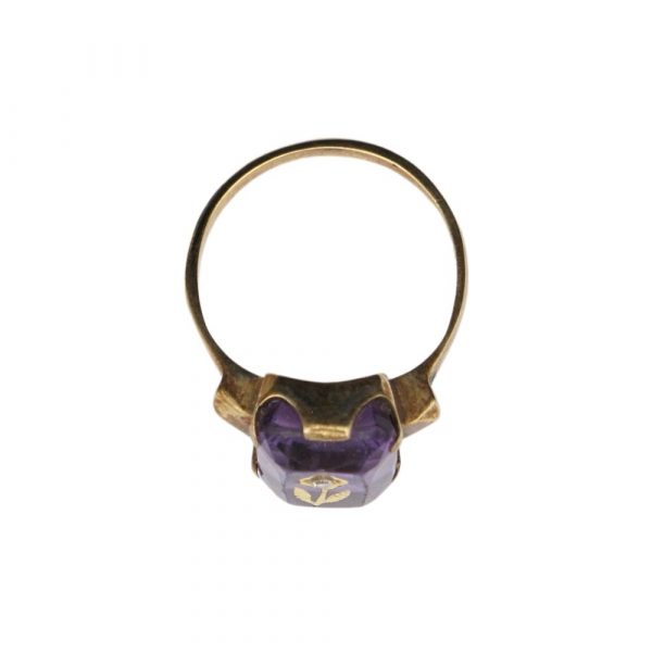 Victorian Ring Amethyst and Diamond 10K Gold, Floral Inlay Top Top View