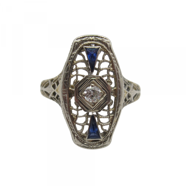 Vintage Art Deco Ring circa 1920-30's 18k White Gold Filigree Diamond & Sapphire Front