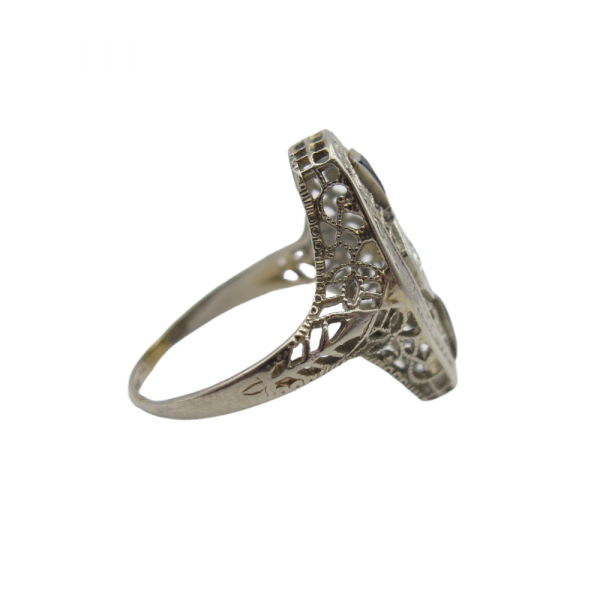 Vintage Art Deco Ring circa 1920-30's 18k White Gold Filigree Diamond & Sapphire Side