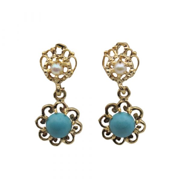 Persian Turquoise and Cultured Pearl Dangle Earrings 18K