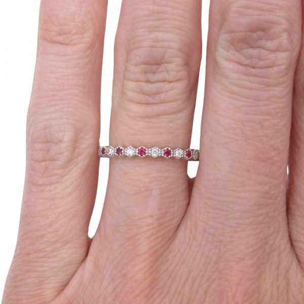 0.13ctw Ruby & Diamond Hexagon Band Ring 14K worn