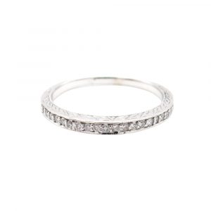 Engraved Detail Diamond Milgrain Band White Gold