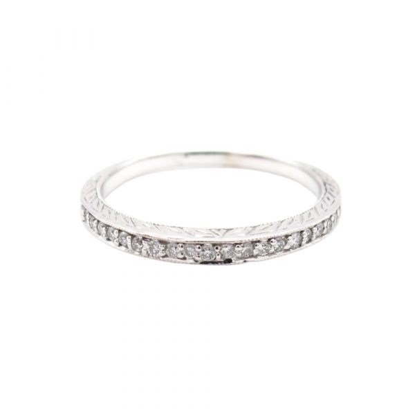 Engraved Detail Diamond Milgrain Band White Gold