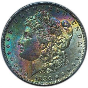 1880-O Morgan Dollar MS63 PCGS Vibrant Rainbow Toned