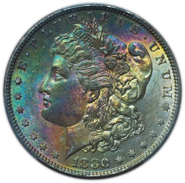 1880-O Morgan Dollar MS63 PCGS Vibrant Rainbow Toned