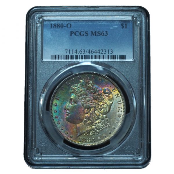 1880-O Morgan Dollar MS63 PCGS Vibrant Rainbow Toned