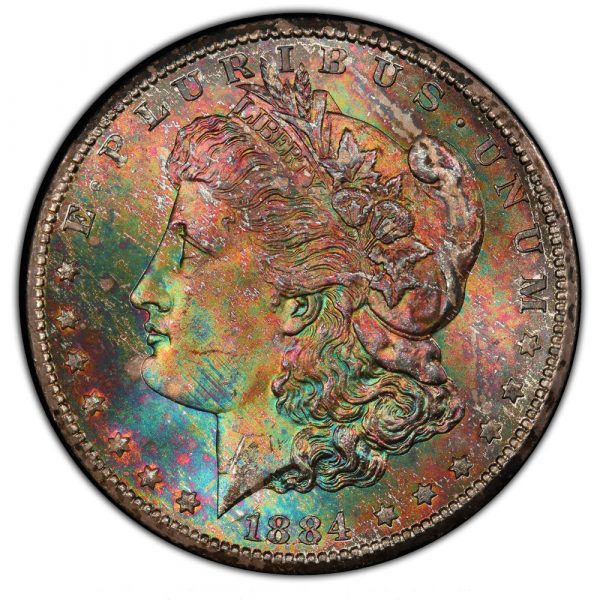 1884-CC Morgan Dollar MS67 PCGS Monster Rainbow Toned