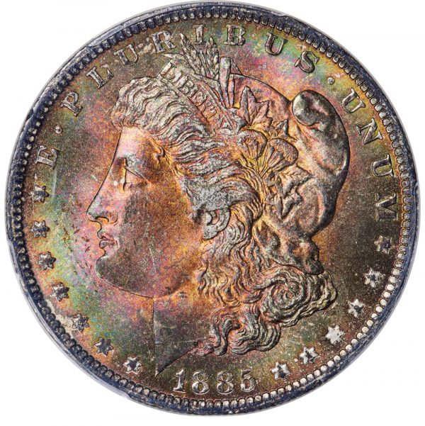 1885-O Morgan Dollar MS66+ PCGS + CAC Intense Rainbow Toned