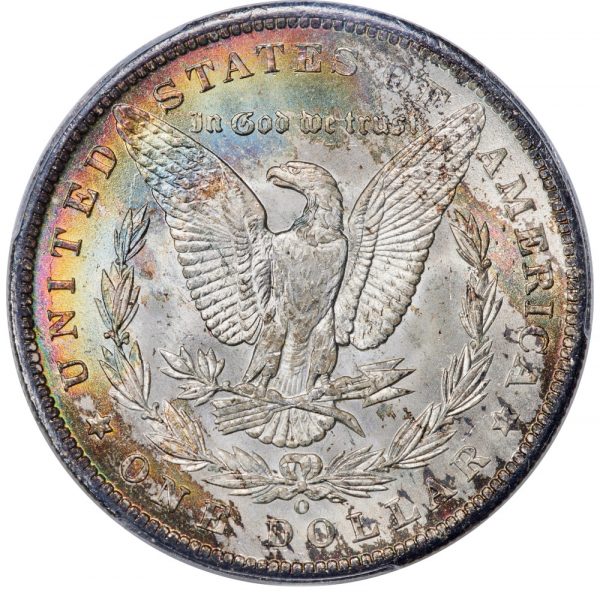 1885-O Morgan Dollar MS66+ PCGS + CAC Intense Rainbow Toned