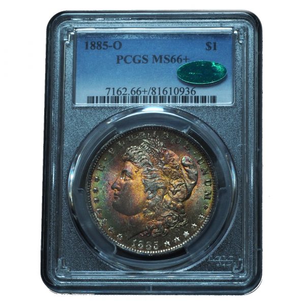 1885-O Morgan Dollar MS66+ PCGS + CAC Intense Rainbow Toned