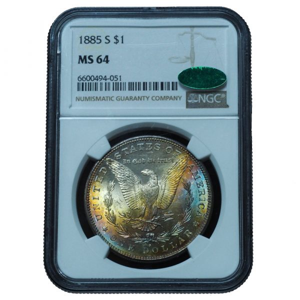 1885-S Morgan Dollar MS64 NGC + CAC Rainbow Toned