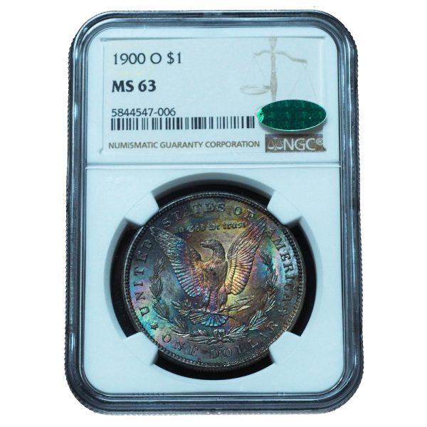 1900-O Morgan Dollar MS63 NGC + CAC Monster Rainbow Toned