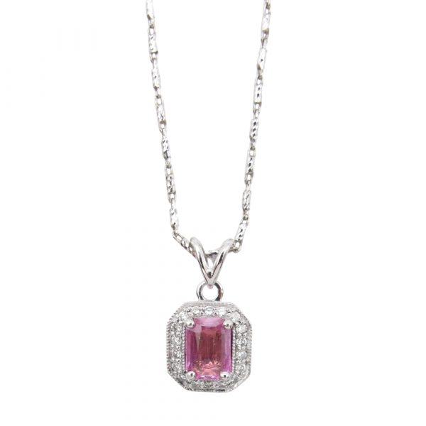 1ct Pink Sapphire 0.20ctw Diamond Halo Necklace 14K