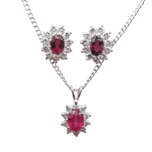 2.12ctw Ruby & 1.18ctw Diamond Halo Necklace & Earring Set 14K