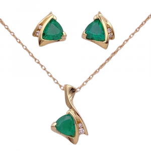 2.19ctw Trillion Emerald with Diamond Accent Earrings & Necklace set 14K Yellow Gold (2)