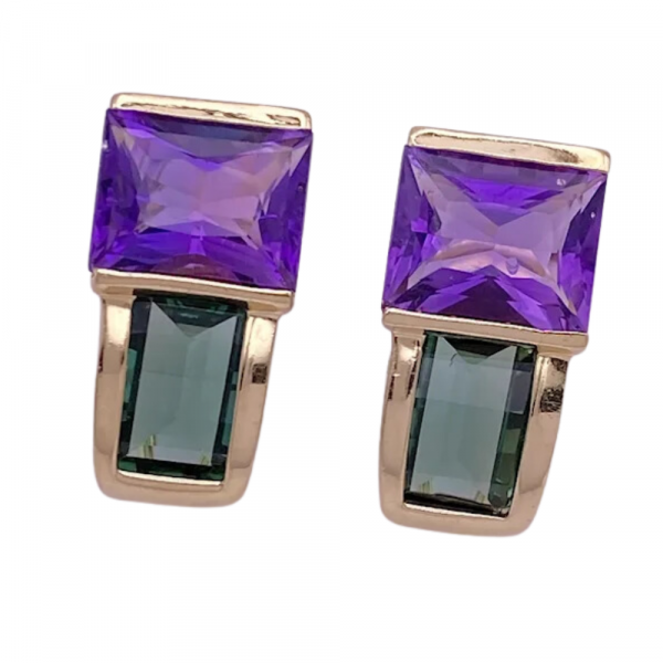 Amethyst Green Tourmaline Earrings 14K Gold, Euro Clutch (2)