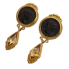 Ancient Coin Citrine Dangle Clip On Earrings 18K Gold Etruscan Revival (1)