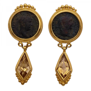 Ancient Coin Citrine Dangle Clip On Earrings 18K Gold Etruscan Revival (2)