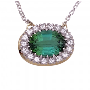 Green Tourmaline Diamond Halo Necklace 18K Two-Tone Gold 3 (2)