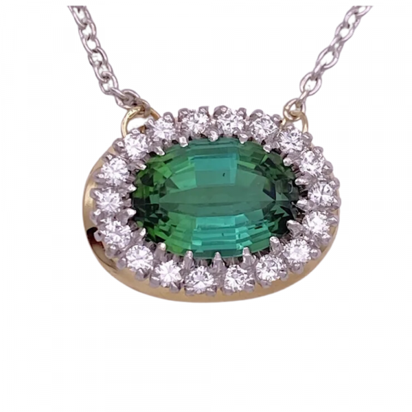 Green Tourmaline Diamond Halo Necklace 18K Two-Tone Gold 3 (2)