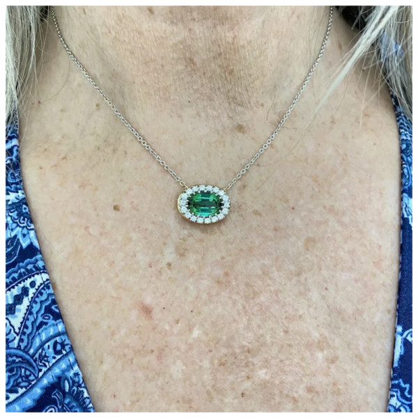 Green Tourmaline Diamond Halo Necklace 18K Two-Tone Gold 3.60ctw