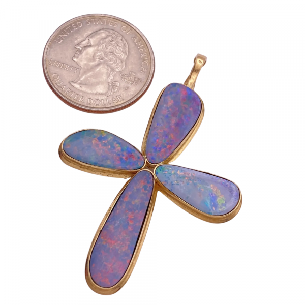 Large Natural Opal Cross Enhancer Pendant 14K Gold