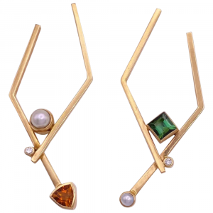 Modernist Dangle Earrings 14K Gold Tourmaline, Citrine, Diamond Cultured Pearl (2)