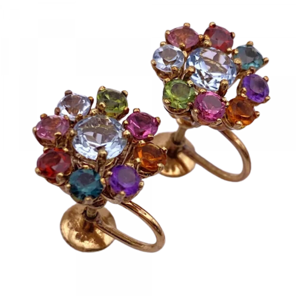 Multi Gem Vintage Screw-Back Cluster Earrings 18K Gold 4.84ctw (2)