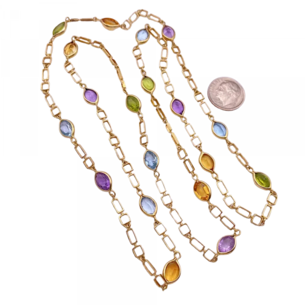 Multi Gemstone Station Necklace 14K Gold Geometric Links 15.67ctw, 30 Inch Length (1)