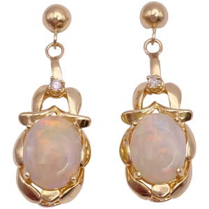 Natural Opal Diamond Dangle Earrings 14K Gold