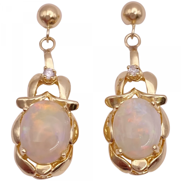 Natural Opal Diamond Dangle Earrings 14K Gold