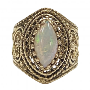 Natural Opal Ornate Filigree Ring 14K Gold, Navette Cabochon