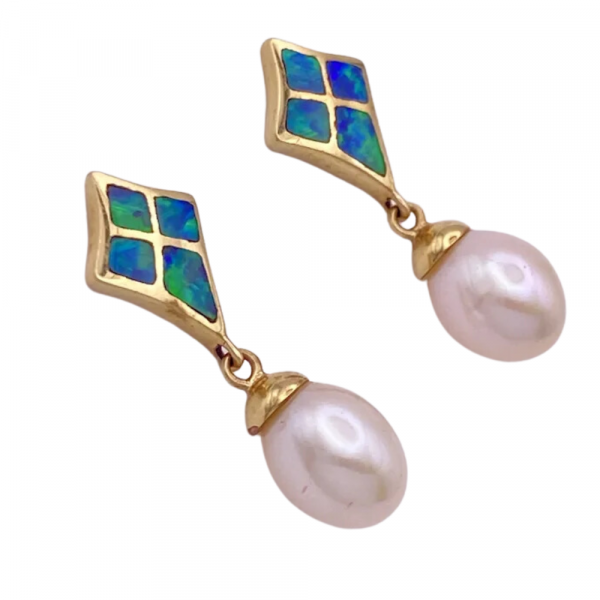 Opal Inlay Cultured Pearl Dangle Earrings 14K Gold (1)