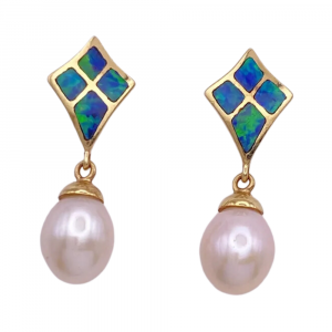 Opal Inlay Cultured Pearl Dangle Earrings 14K Gold (2)