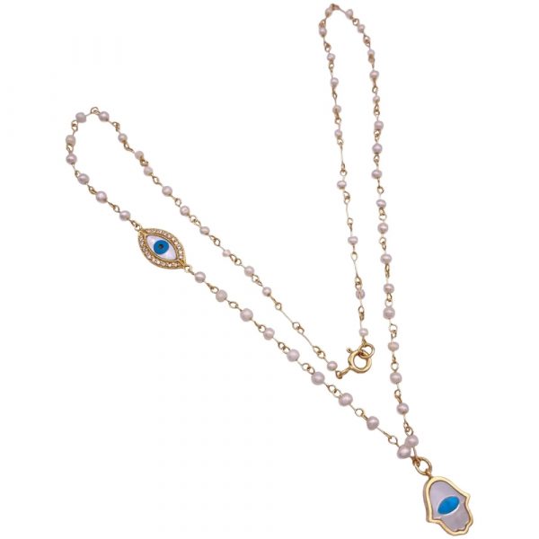 Protection Amulet Necklace Hamsa, Evil Eye, Seed Pearl, Diamond, Turquoise, 18K Gold