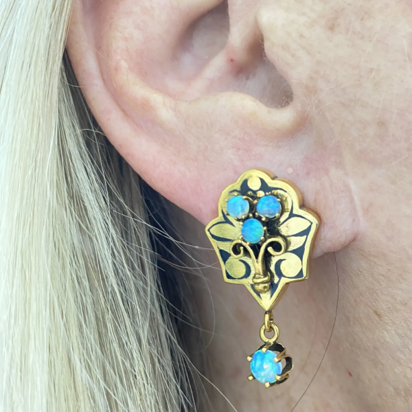 Victorian Dangle Earrings 14K Gold, Opal Taille d' Epergne Enamel (2)