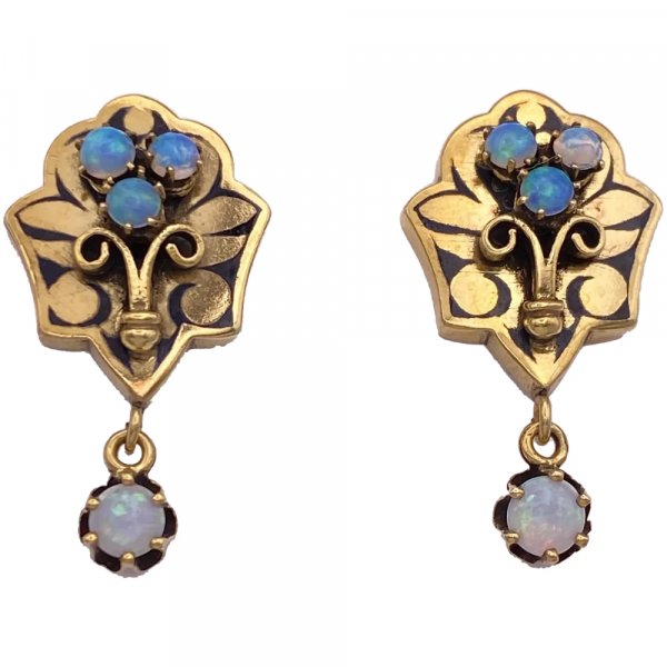 Victorian Dangle Earrings 14K Gold, Opal Taille d' Epergne Enamel