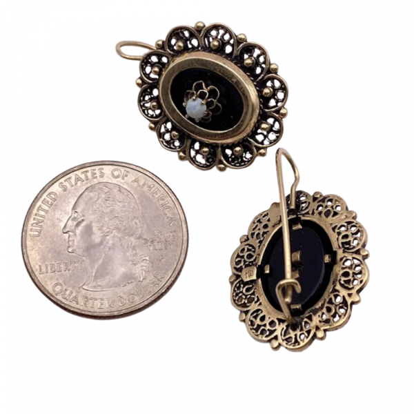 Victorian Revival Drop Earrings 14K Gold, Onyx and Opal back