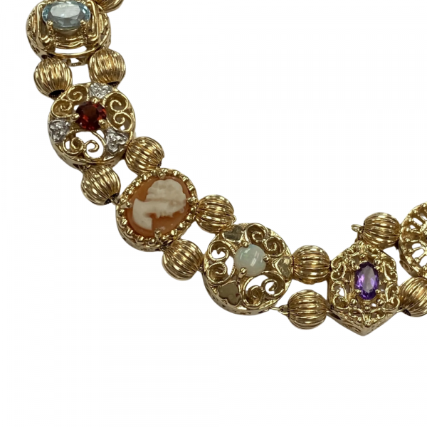 Victorian Revival Eleven Slide Bracelet Colorful Gemstone in 10K Gold