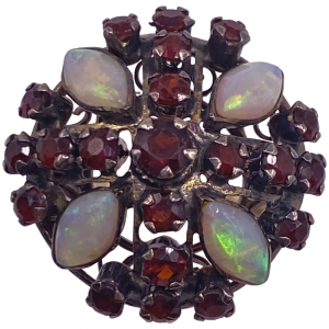 Victorian Revival Garnet Opal Cluster Ring 14K Gold c.1950's