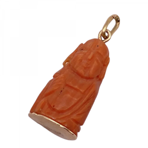 Vintage Carved Coral Buddha Charm 14K Yellow Gold